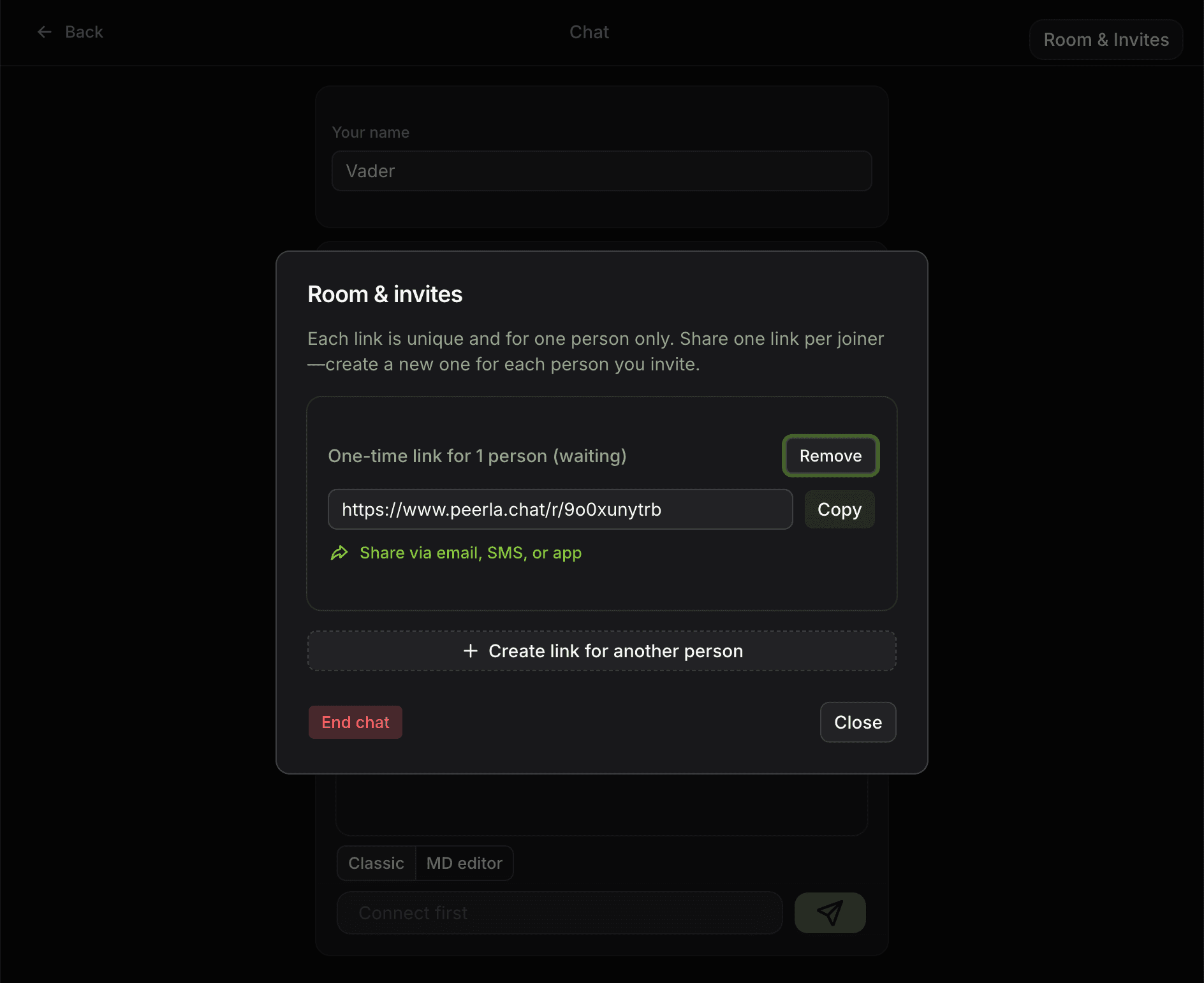 Invites panel showing unique links and Create link button